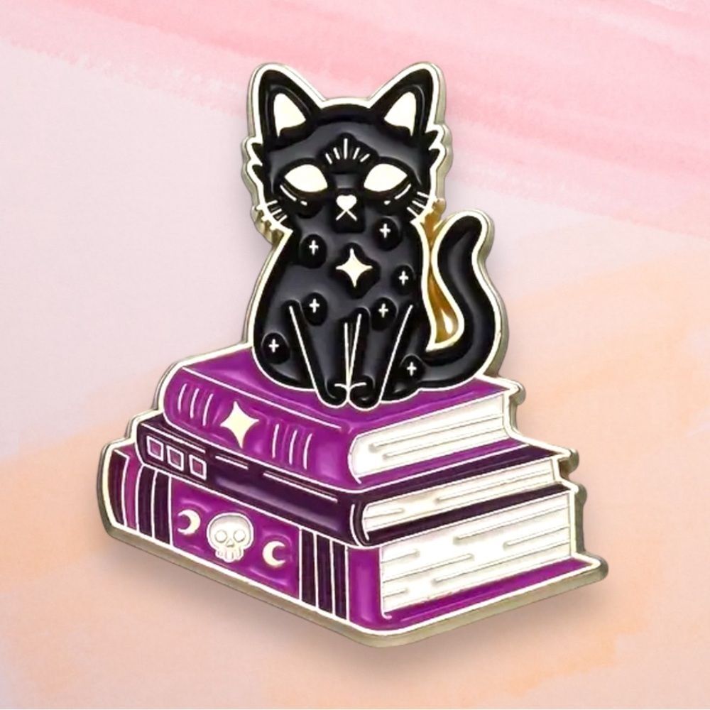 Oddities Black Cat on Books Pin